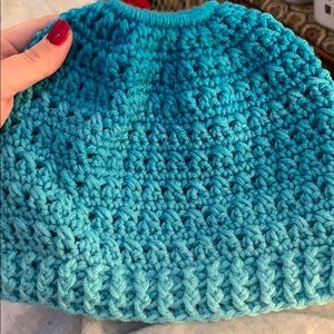 Ombré teal messy bun beanie! Adult